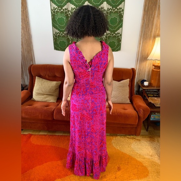 60s Vintage Tropical Barkcloth Psychedelic Mermaid Maxi Dress - Picture 6 of 10